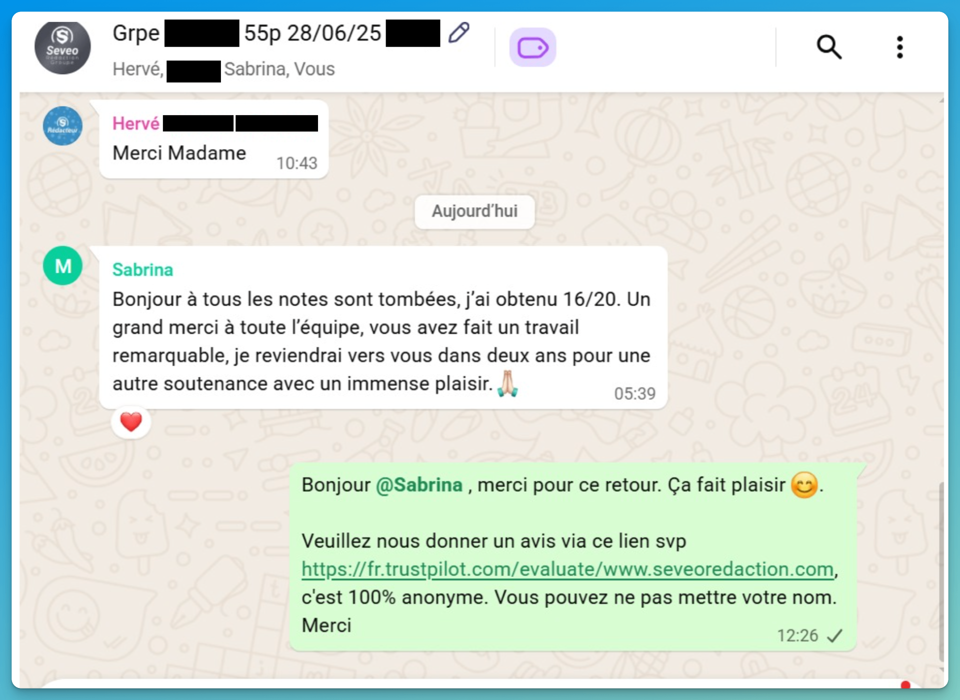 Avis client Seveo - Note 16/20 obtenue