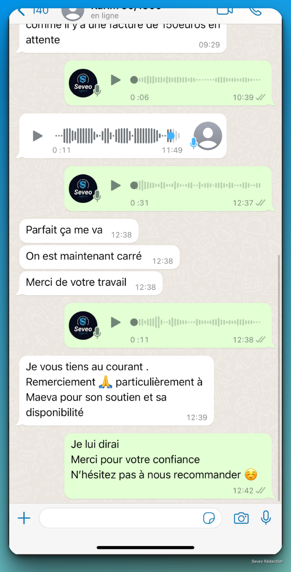 Remerciement pour soutien et disponibilité