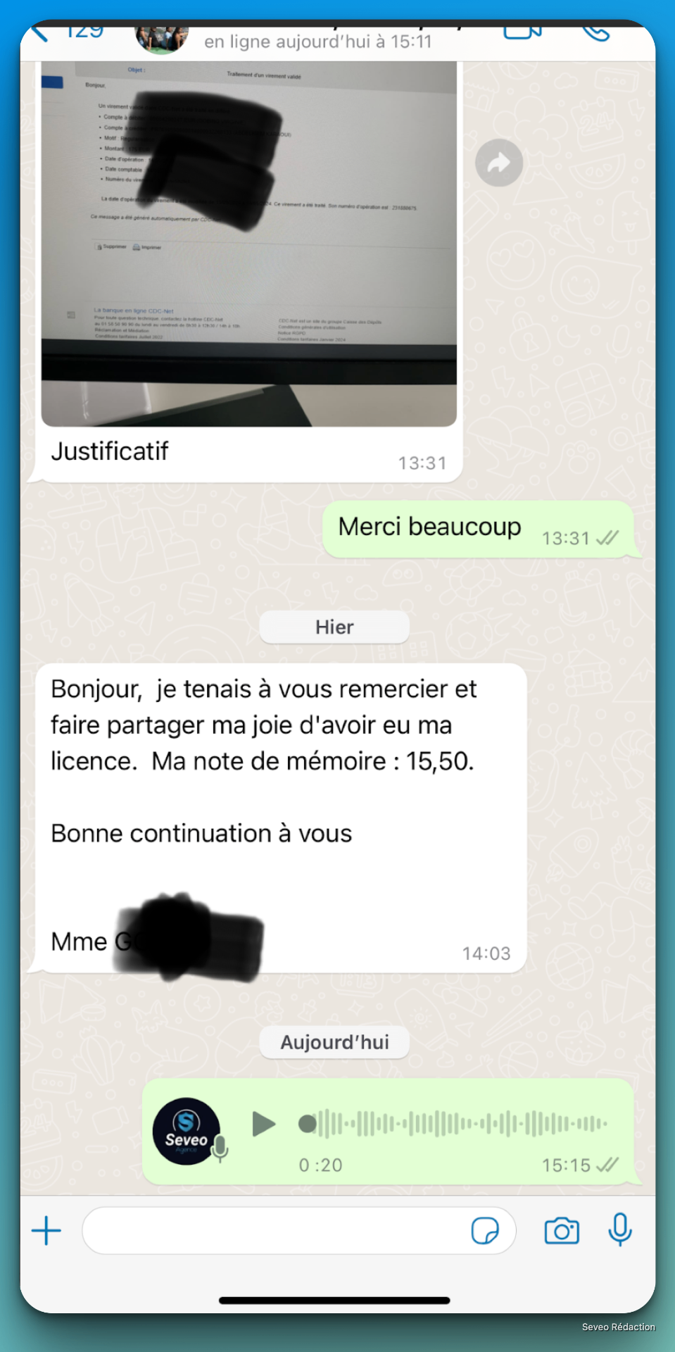 Note de mémoire 15,50 licence obtenue