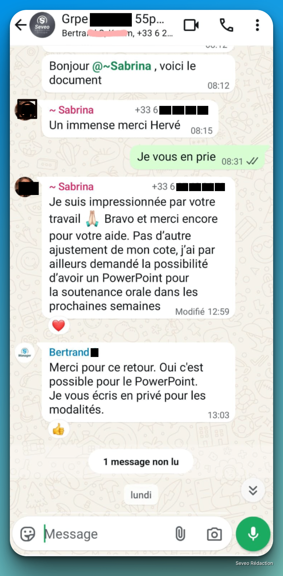 Avis client impressionné par le travail