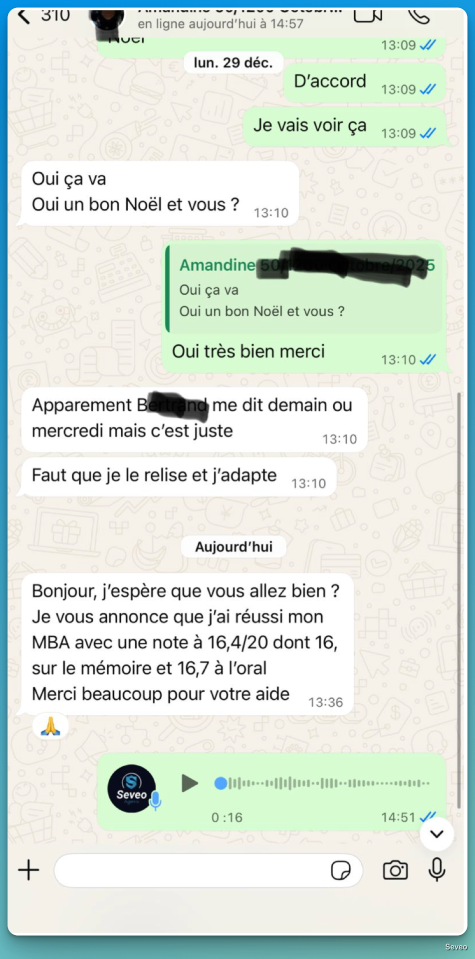 Capture WhatsApp : étudiante MBA obtient 16,4/20 dont 16 au mémoire et 16,7 à l'oral grâce à Seveo Rédaction