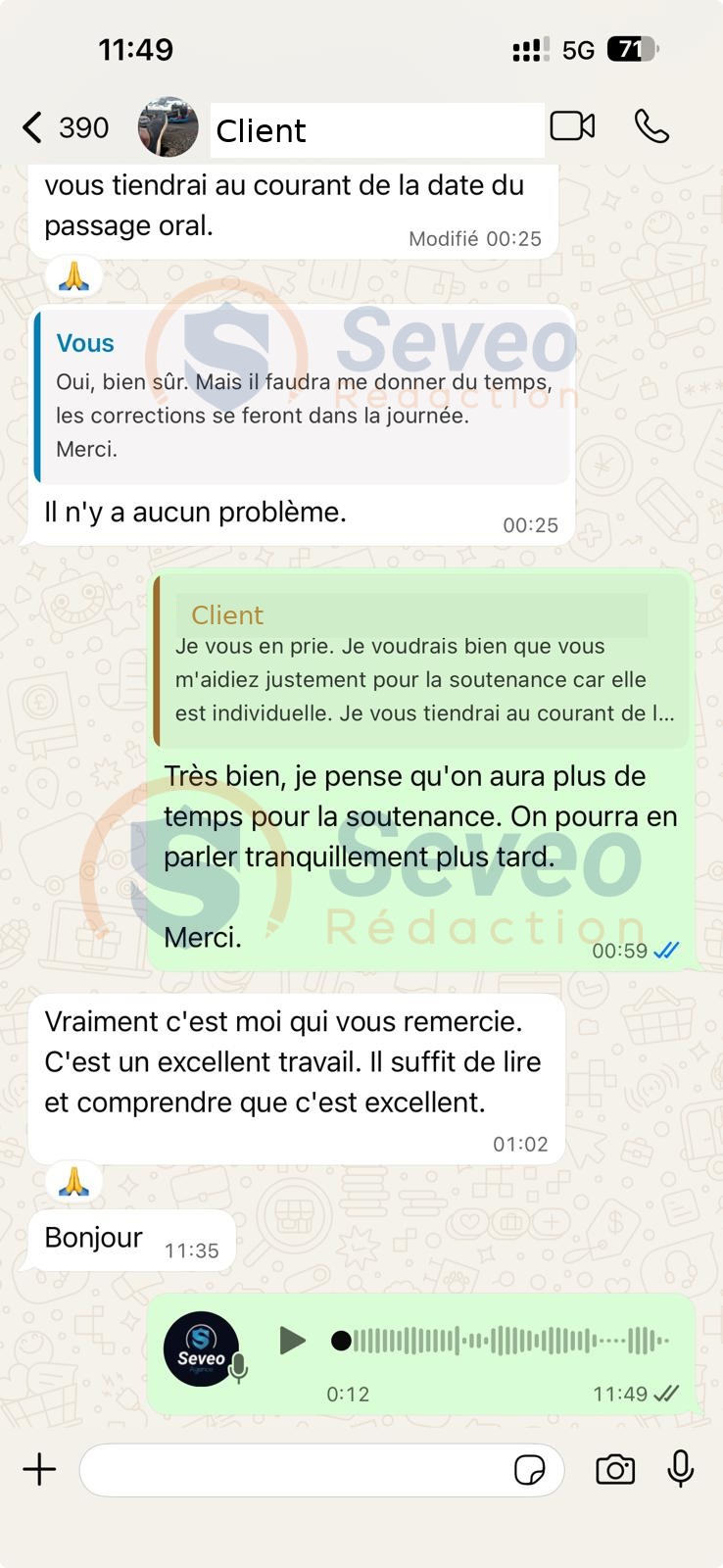 Échange WhatsApp : cliente remercie Seveo Rédaction pour l'aide à la préparation de sa soutenance individuelle ("c'est un excellent travail")