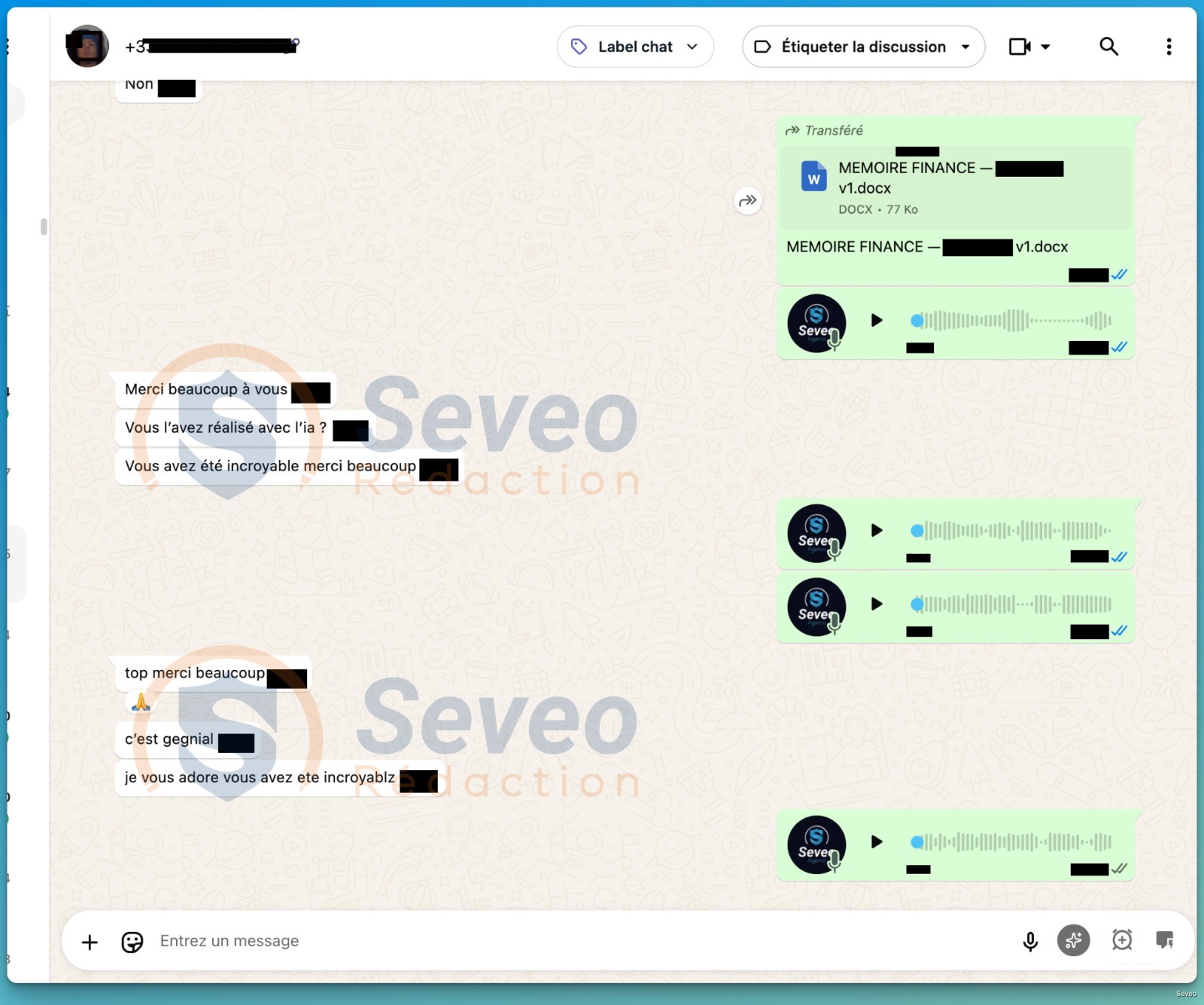 Capture WhatsApp : cliente enthousiaste après livraison de son mémoire Finance ("vous avez été incroyable, je vous adore")