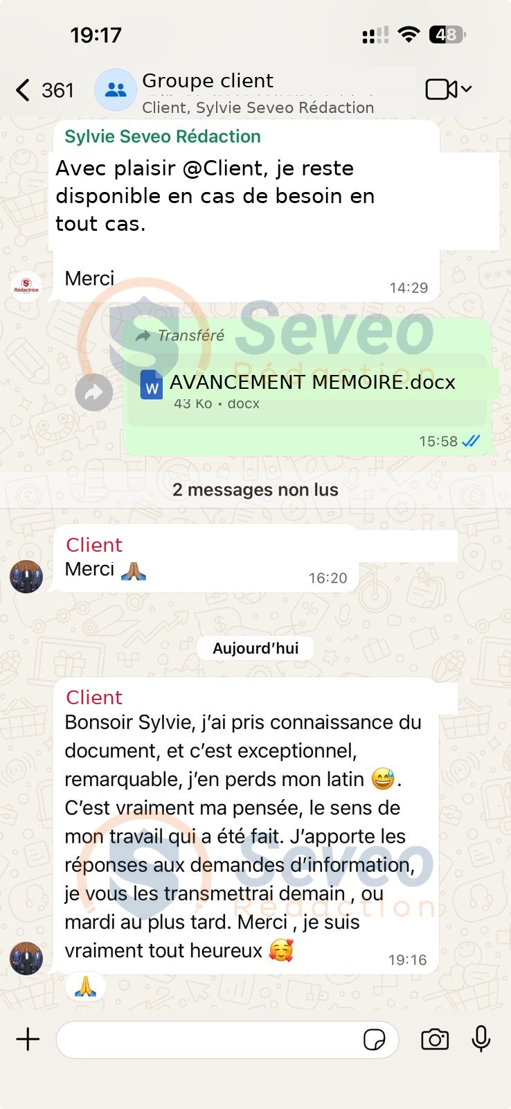 Échange WhatsApp : client satisfait de la progression du mémoire après livraison d'une nouvelle partie rédigée par Seveo