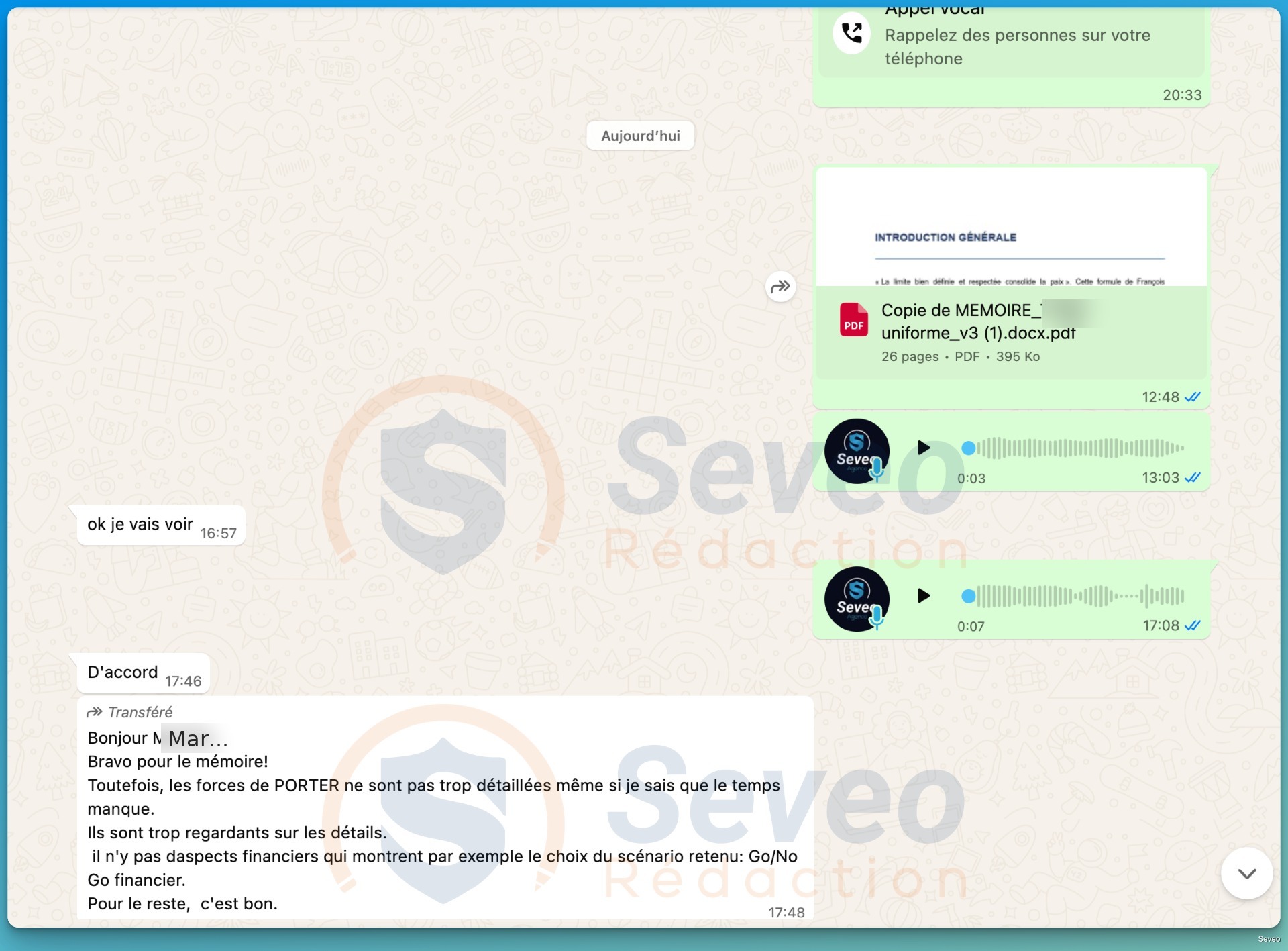 Échange WhatsApp juillet 2026 : client remercie Seveo Rédaction pour la copie de son mémoire