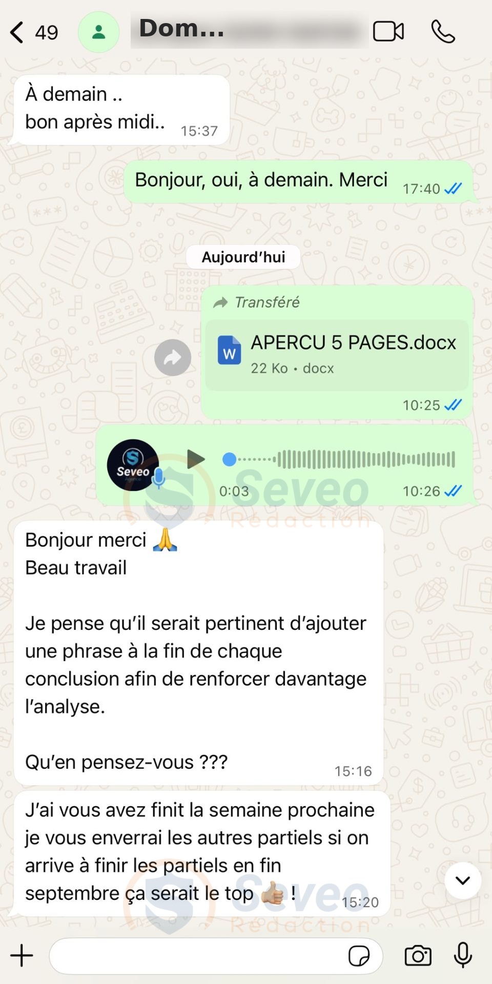Échange WhatsApp juillet 2026 : client satisfait de la livraison de son aperçu de mémoire par Seveo Rédaction