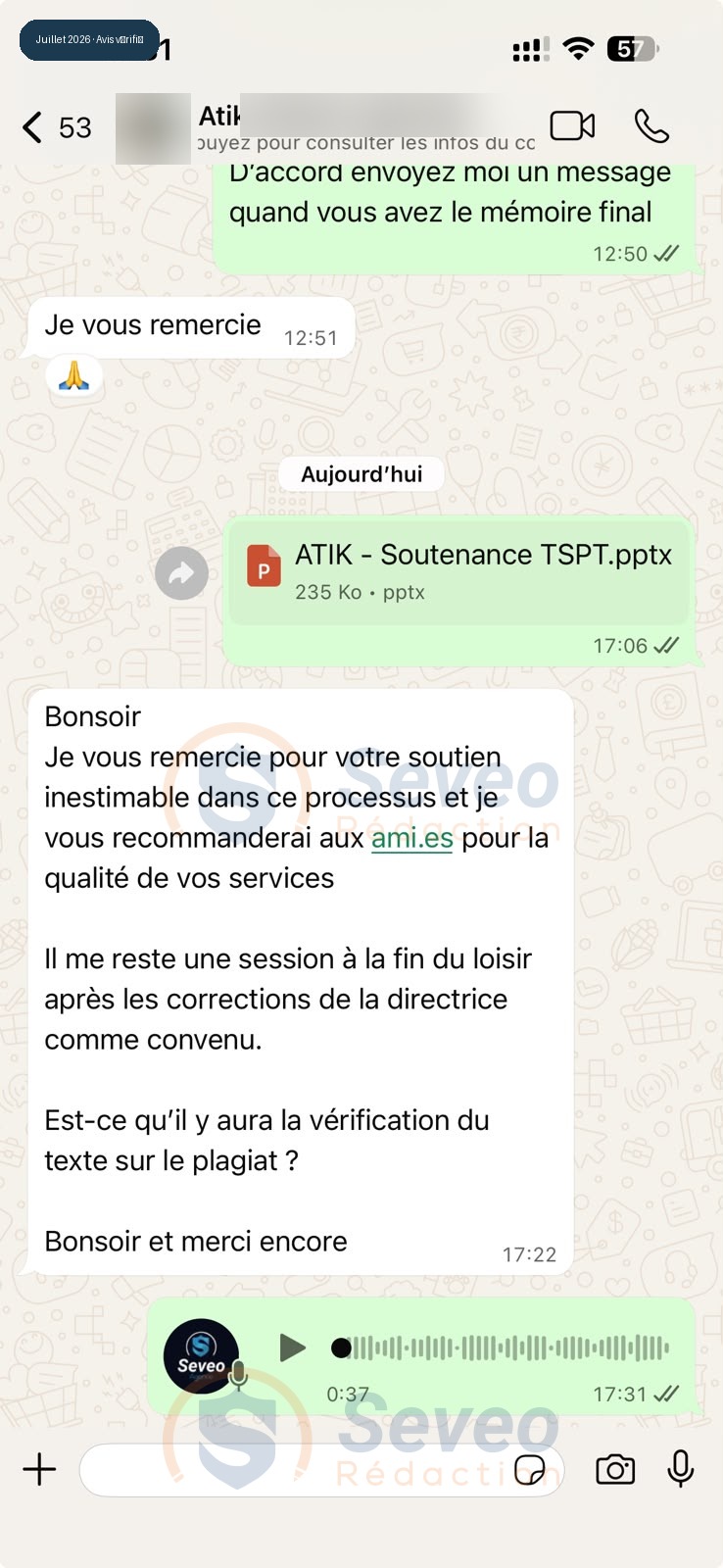 Échange WhatsApp juillet 2026 : cliente remercie Seveo Rédaction pour son soutien inestimable dans la rédaction de son mémoire de soutenance