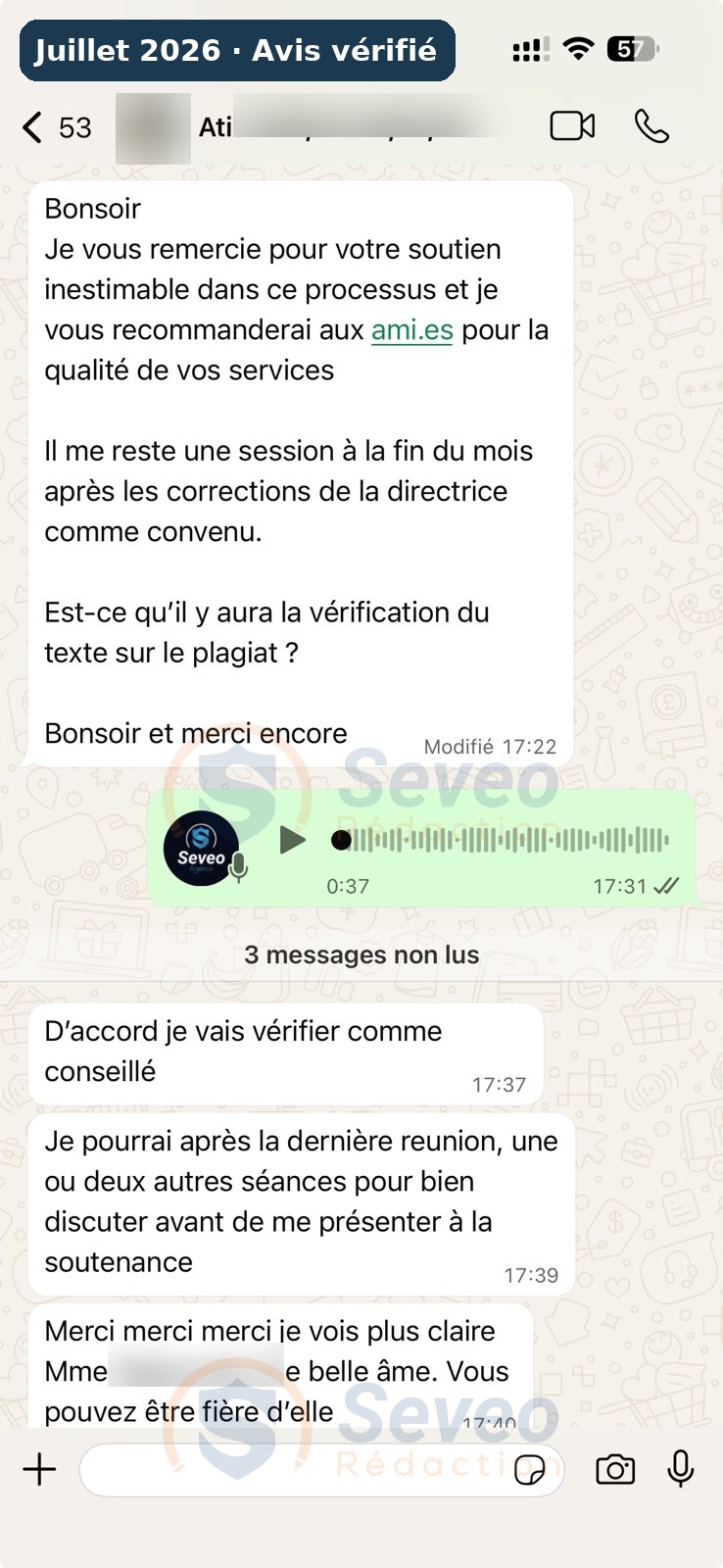Échange WhatsApp juillet 2026 : suite de la conversation, cliente satisfaite prévoit d'autres séances de préparation avant sa soutenance avec Seveo Rédaction