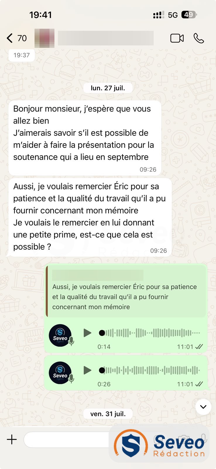 Échange WhatsApp juillet 2026 : client remercie Seveo Rédaction pour la patience et la qualité du travail sur son mémoire et demande un accompagnement pour sa présentation de soutenance de septembre